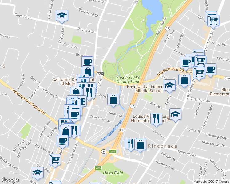 map of restaurants, bars, coffee shops, grocery stores, and more near 120 Oak Meadow Drive in Los Gatos