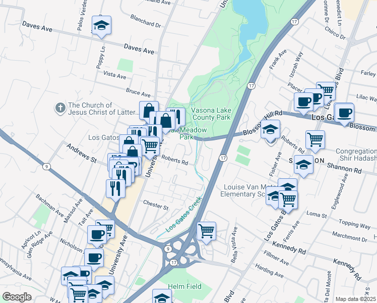 map of restaurants, bars, coffee shops, grocery stores, and more near 2 Los Gatos Boulevard in Los Gatos