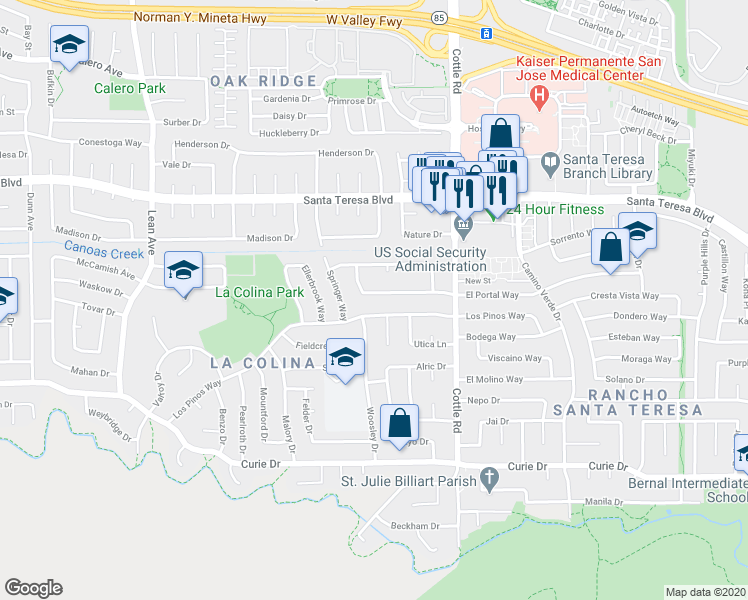 map of restaurants, bars, coffee shops, grocery stores, and more near 362 El Portal Way in San Jose