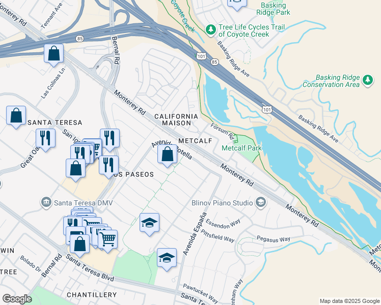 map of restaurants, bars, coffee shops, grocery stores, and more near 7102 Avenida Rotella in San Jose