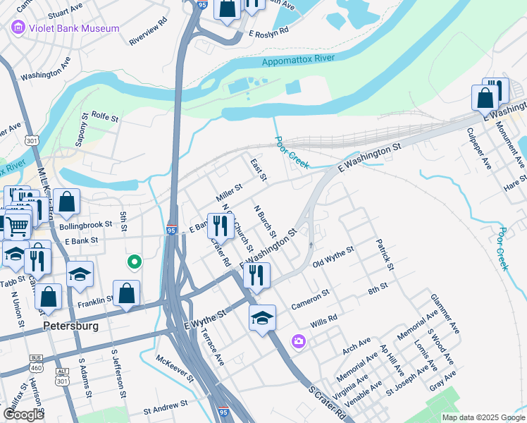 map of restaurants, bars, coffee shops, grocery stores, and more near 113 North Burch Street in Petersburg