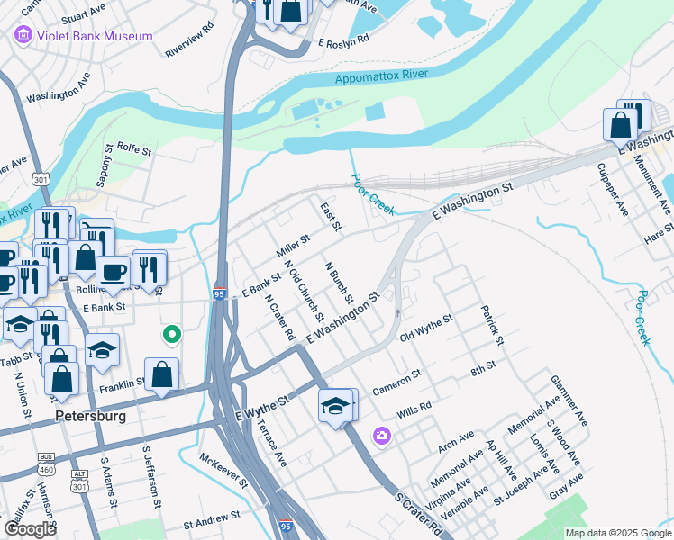 map of restaurants, bars, coffee shops, grocery stores, and more near 113 North Burch Street in Petersburg