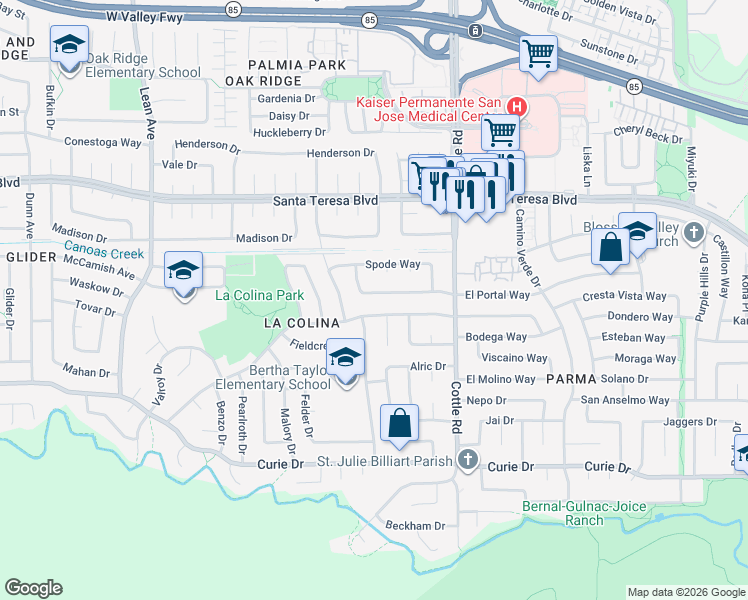map of restaurants, bars, coffee shops, grocery stores, and more near 362 El Portal Way in San Jose
