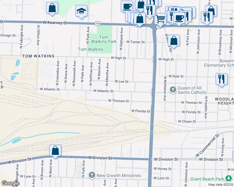map of restaurants, bars, coffee shops, grocery stores, and more near 1920 West Atlantic Street in Springfield