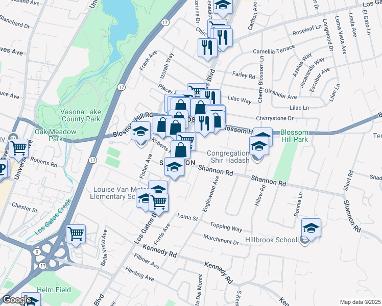 map of restaurants, bars, coffee shops, grocery stores, and more near 16760 Magneson Loop in Los Gatos
