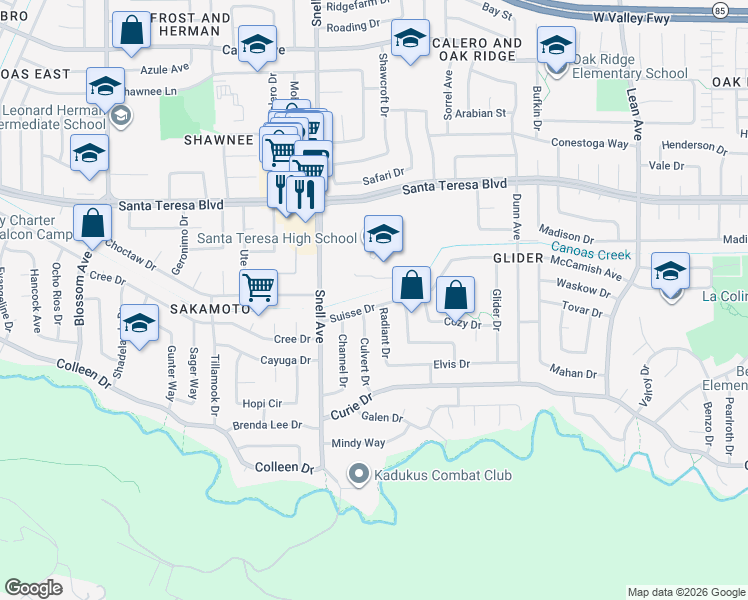map of restaurants, bars, coffee shops, grocery stores, and more near 579 Suisse Drive in San Jose