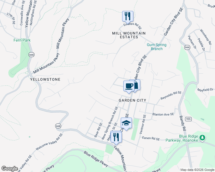 map of restaurants, bars, coffee shops, grocery stores, and more near 1033 Ray Road Southeast in Roanoke