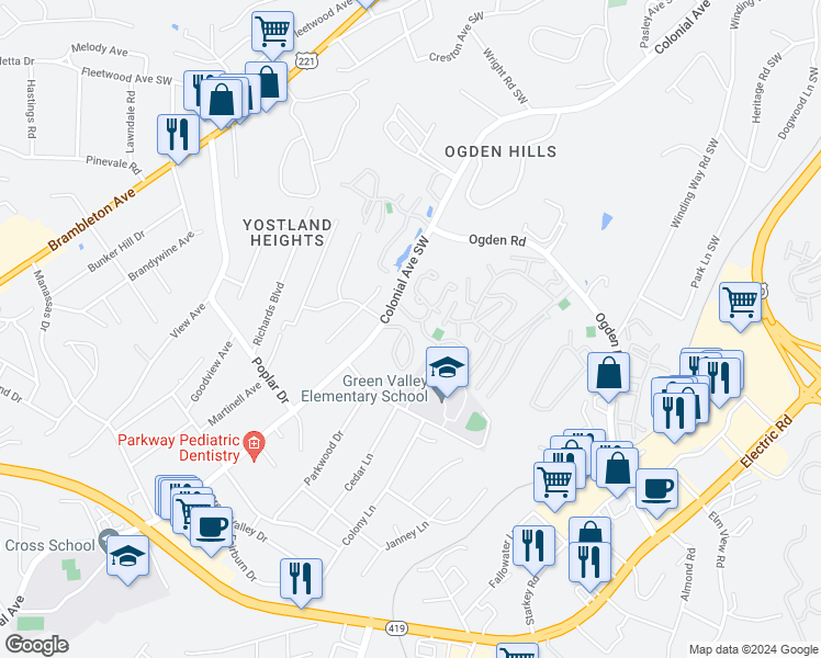 map of restaurants, bars, coffee shops, grocery stores, and more near 3534 Timberline Trail in Cave Spring