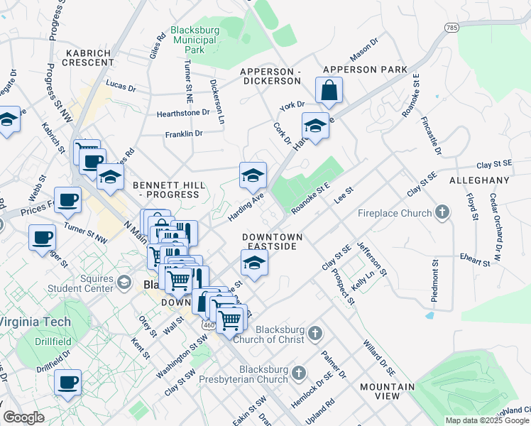 map of restaurants, bars, coffee shops, grocery stores, and more near 504 Jackson Street Northeast in Blacksburg