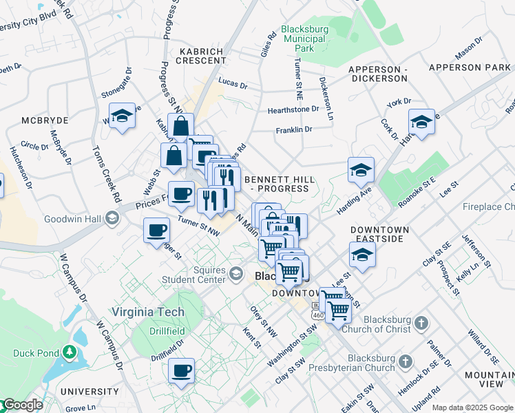 map of restaurants, bars, coffee shops, grocery stores, and more near 505 Progress Street Northeast in Blacksburg