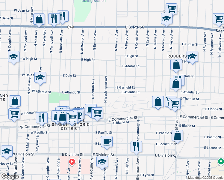 map of restaurants, bars, coffee shops, grocery stores, and more near 600-1022 East Atlantic Street in Springfield