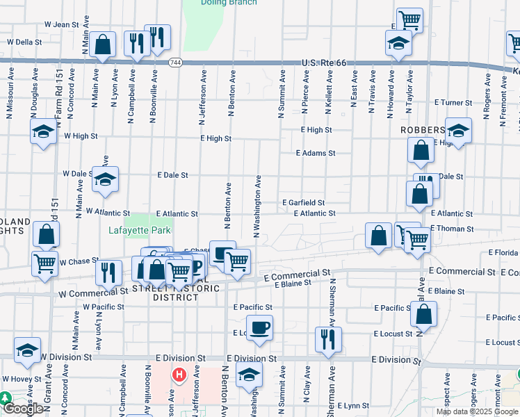 map of restaurants, bars, coffee shops, grocery stores, and more near 600-1022 East Atlantic Street in Springfield