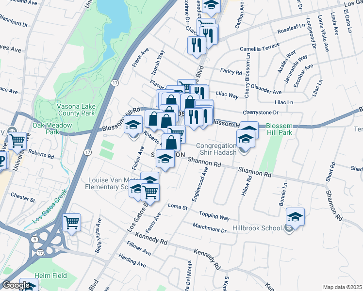 map of restaurants, bars, coffee shops, grocery stores, and more near 16760 Magneson Loop in Los Gatos