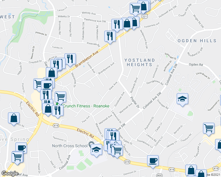 map of restaurants, bars, coffee shops, grocery stores, and more near View Avenue in Roanoke