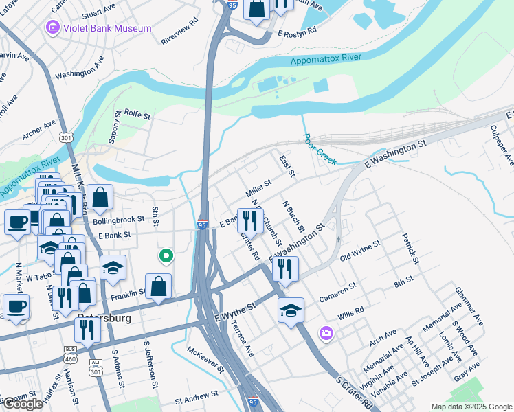 map of restaurants, bars, coffee shops, grocery stores, and more near North Old Church Street in Petersburg