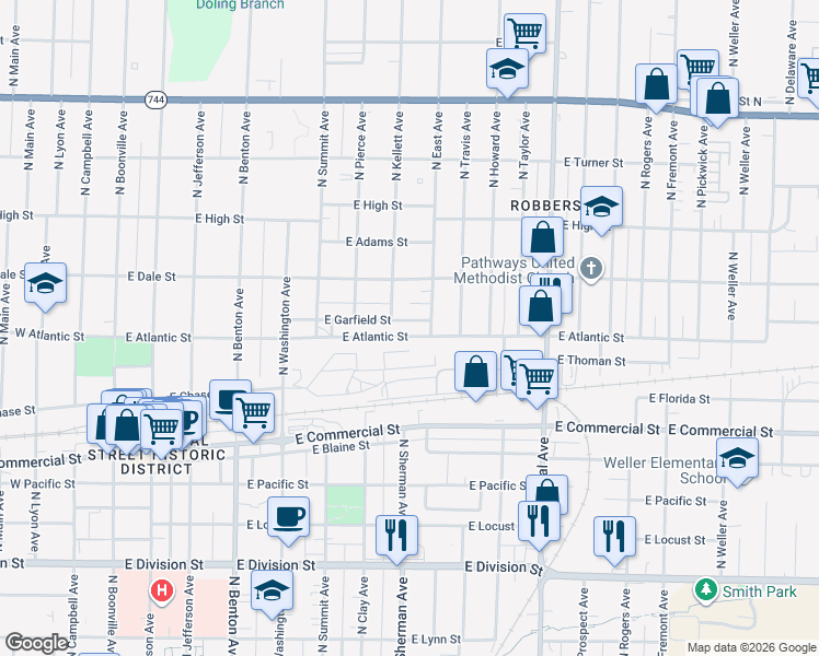 map of restaurants, bars, coffee shops, grocery stores, and more near 916 East Garfield Street in Springfield