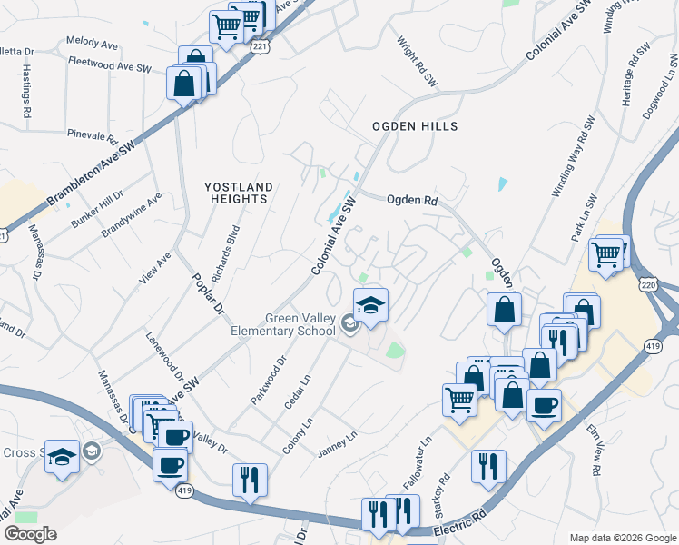 map of restaurants, bars, coffee shops, grocery stores, and more near 3534 Timberline Trail in Cave Spring