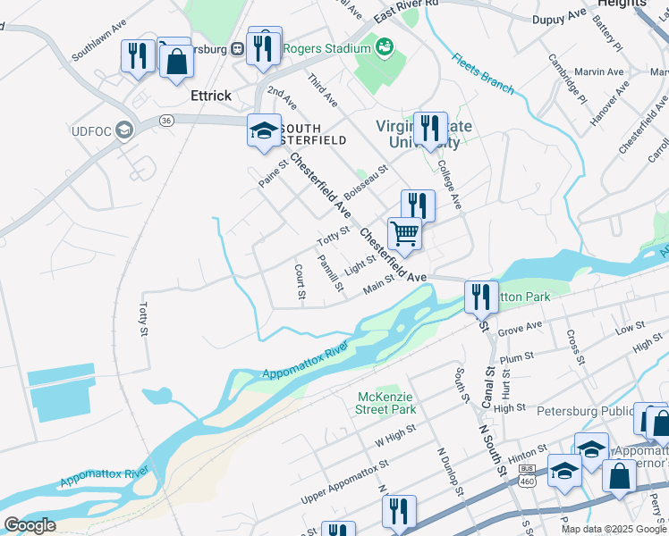 map of restaurants, bars, coffee shops, grocery stores, and more near 21513 Pannill Street in Ettrick