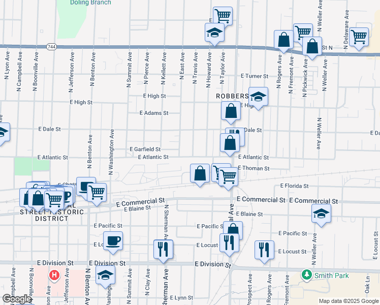 map of restaurants, bars, coffee shops, grocery stores, and more near 1024 East Atlantic Street in Springfield