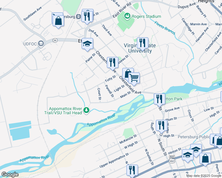 map of restaurants, bars, coffee shops, grocery stores, and more near 21513 Pannill Street in Ettrick