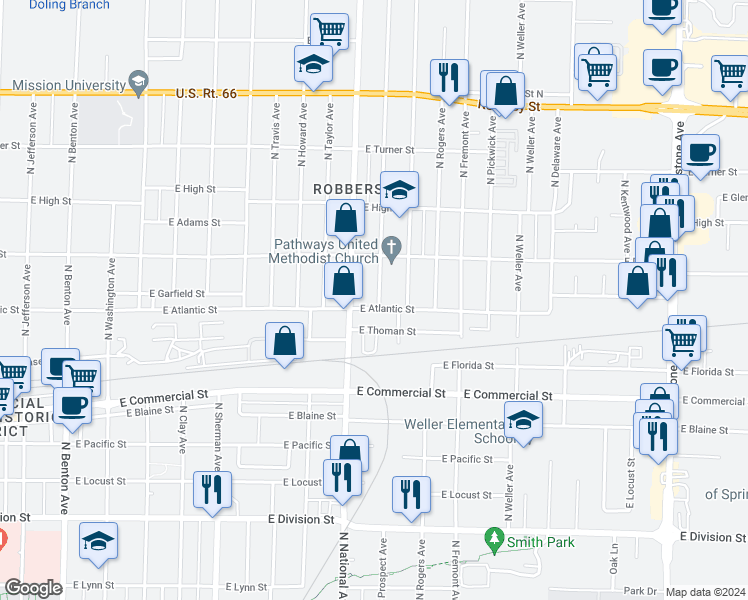 map of restaurants, bars, coffee shops, grocery stores, and more near 2007 North Ramsey Avenue in Springfield