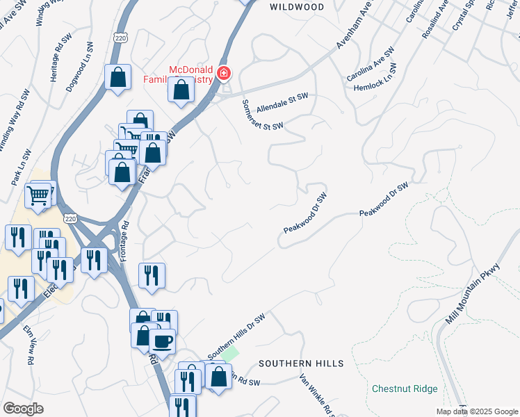 map of restaurants, bars, coffee shops, grocery stores, and more near 3459 Woodland Hills Lane Southwest in Roanoke