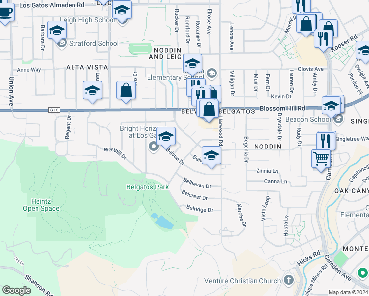 map of restaurants, bars, coffee shops, grocery stores, and more near 140 Belglen Lane in Los Gatos