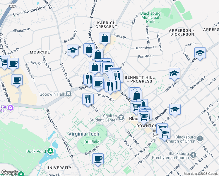 map of restaurants, bars, coffee shops, grocery stores, and more near 208 Turner Street Northwest in Blacksburg
