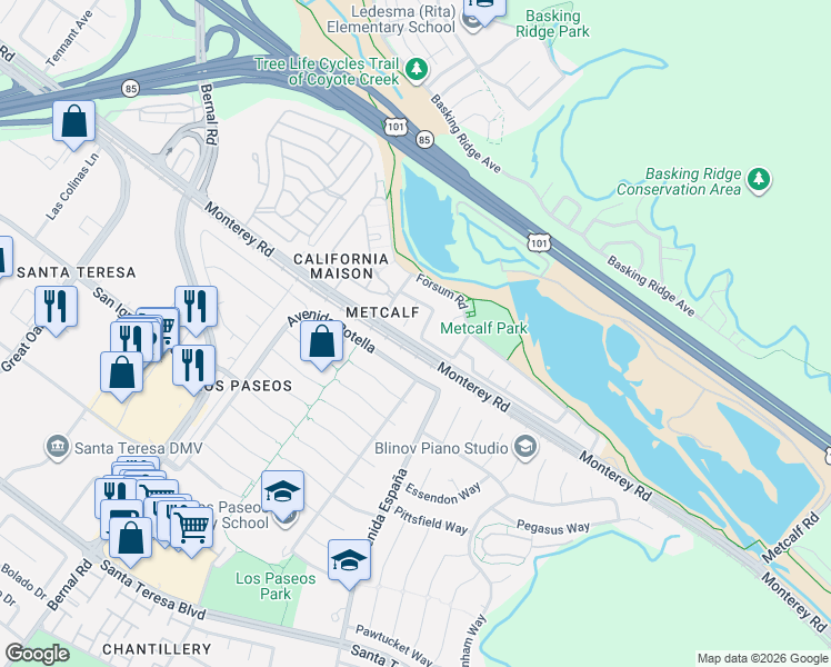 map of restaurants, bars, coffee shops, grocery stores, and more near 7308 Urshan Way in San Jose