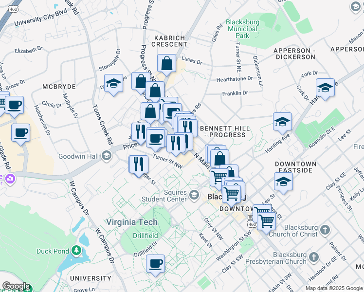 map of restaurants, bars, coffee shops, grocery stores, and more near 208 Turner Street Northwest in Blacksburg