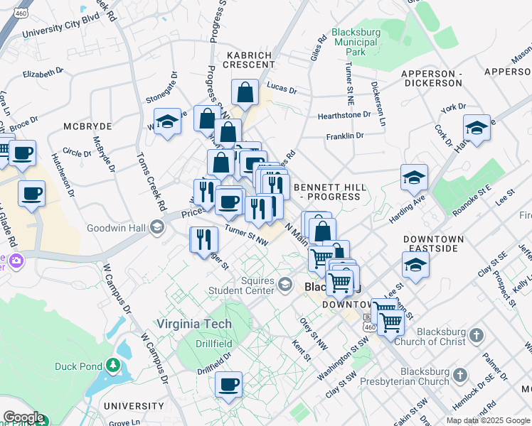 map of restaurants, bars, coffee shops, grocery stores, and more near 208 Turner Street Northwest in Blacksburg