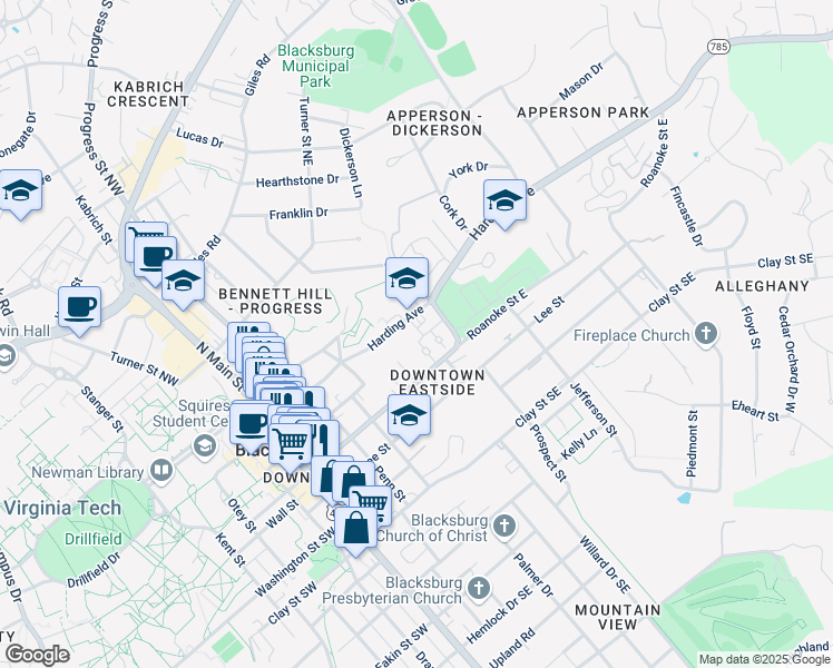 map of restaurants, bars, coffee shops, grocery stores, and more near 503 Jackson Street in Blacksburg