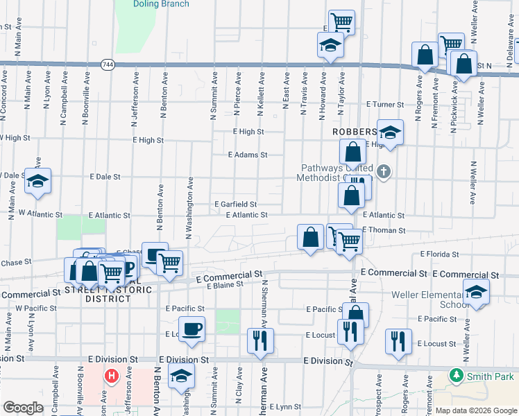 map of restaurants, bars, coffee shops, grocery stores, and more near 916 East Garfield Street in Springfield