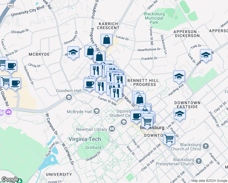 map of restaurants, bars, coffee shops, grocery stores, and more near 208 Turner Street Northwest in Blacksburg