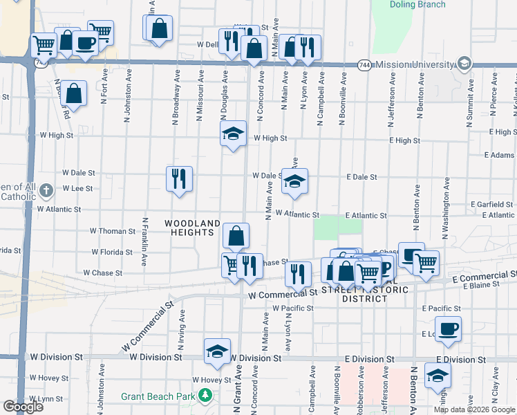 map of restaurants, bars, coffee shops, grocery stores, and more near 614 West Atlantic Street in Springfield