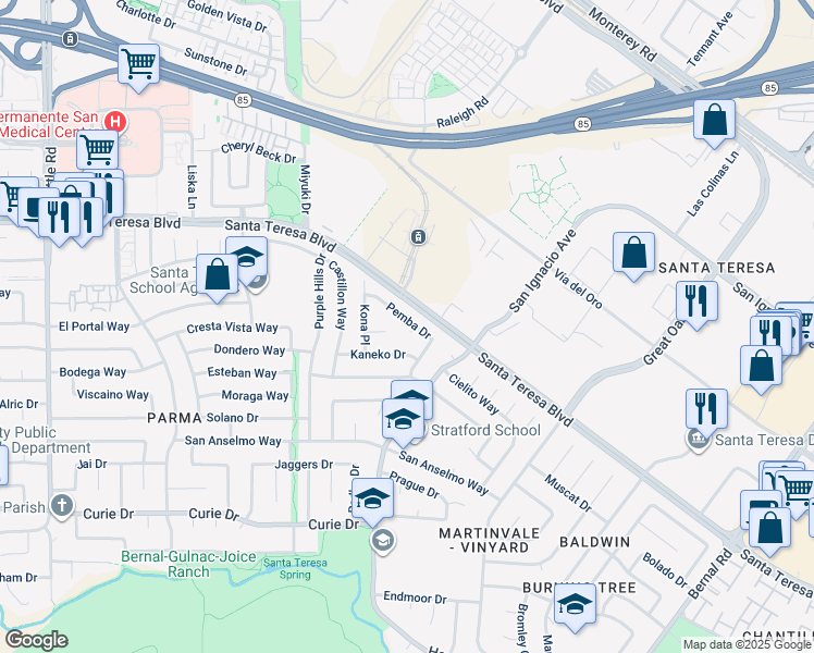 map of restaurants, bars, coffee shops, grocery stores, and more near 203 Pemba Court in San Jose