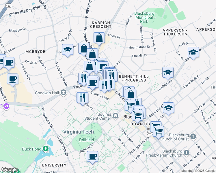 map of restaurants, bars, coffee shops, grocery stores, and more near 208 Turner Street Northwest in Blacksburg