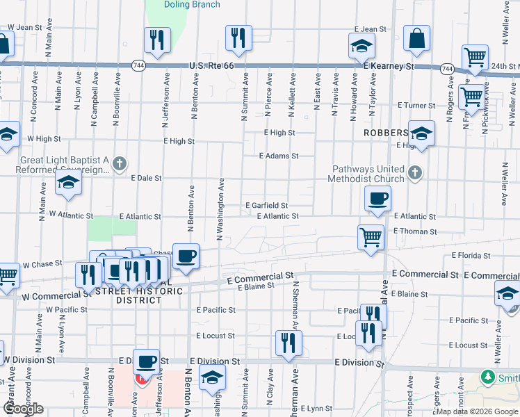 map of restaurants, bars, coffee shops, grocery stores, and more near 1038-1080 E Atlantic St in Springfield