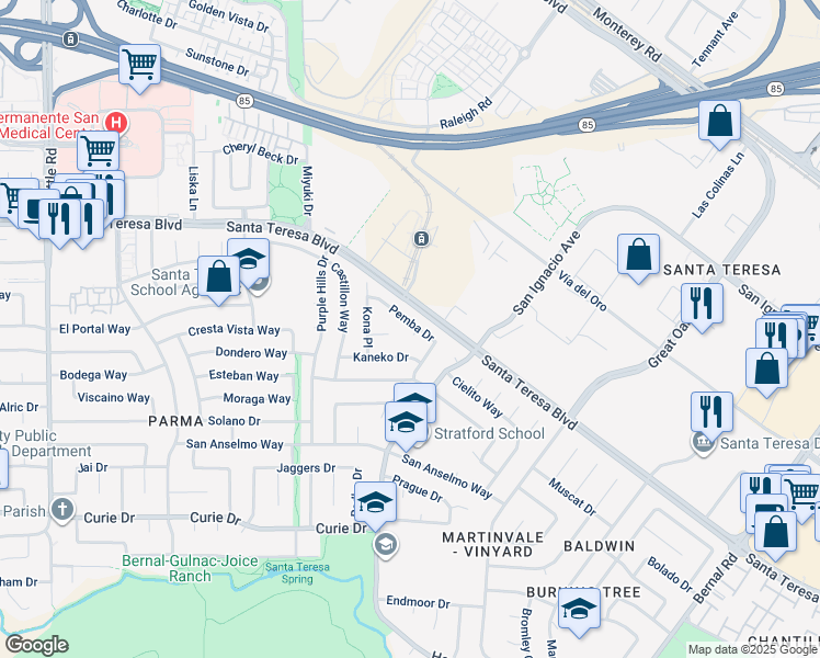 map of restaurants, bars, coffee shops, grocery stores, and more near 203 Pemba Court in San Jose