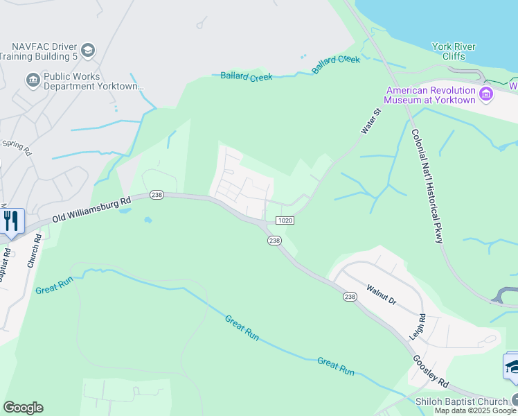 map of restaurants, bars, coffee shops, grocery stores, and more near 117 Emily Lane in Yorktown
