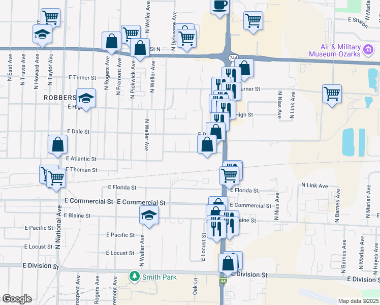 map of restaurants, bars, coffee shops, grocery stores, and more near 1233 North Ave B in Springfield