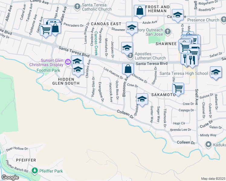 map of restaurants, bars, coffee shops, grocery stores, and more near 6198 Hancock Avenue in San Jose