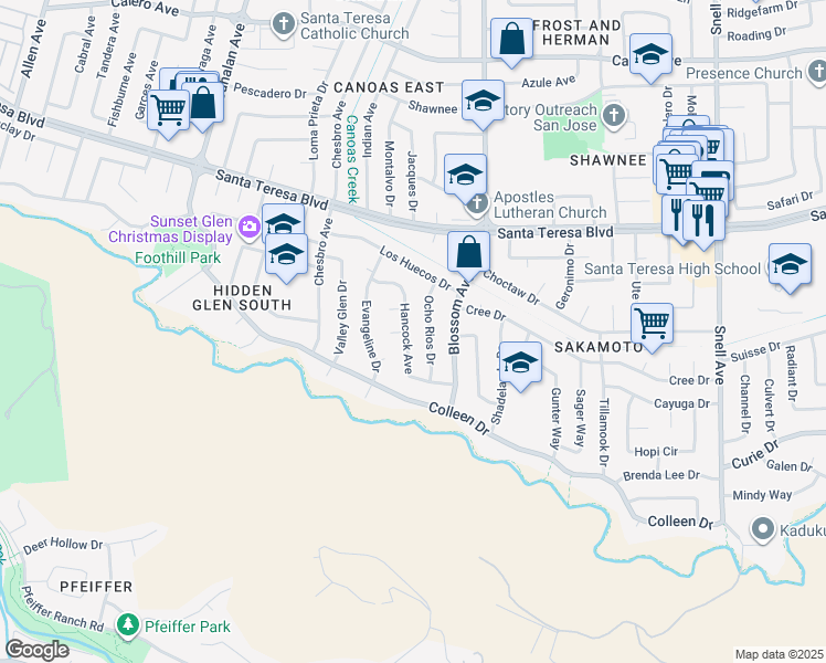 map of restaurants, bars, coffee shops, grocery stores, and more near 6198 Hancock Avenue in San Jose