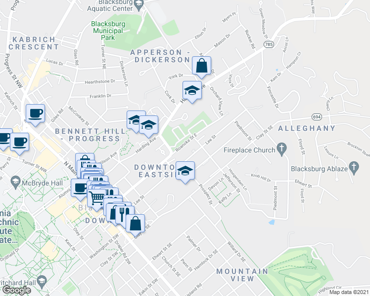 map of restaurants, bars, coffee shops, grocery stores, and more near 517 Lee Street in Blacksburg