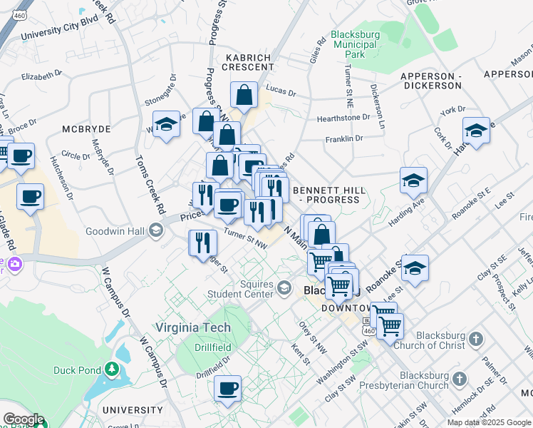 map of restaurants, bars, coffee shops, grocery stores, and more near 208 Turner Street Northwest in Blacksburg
