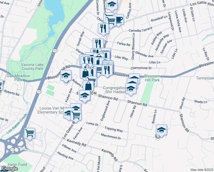 map of restaurants, bars, coffee shops, grocery stores, and more near 16665 Magneson Loop in Los Gatos