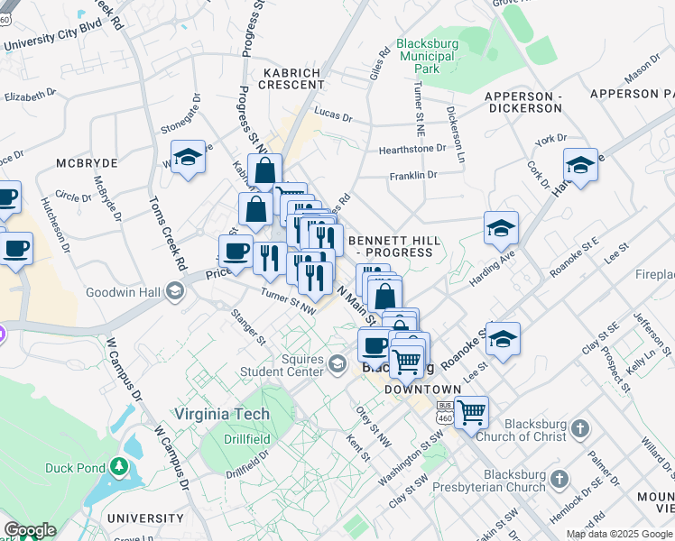 map of restaurants, bars, coffee shops, grocery stores, and more near 601-625 N Main St in Blacksburg