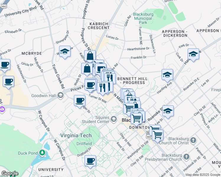 map of restaurants, bars, coffee shops, grocery stores, and more near 601 North Main Street in Blacksburg