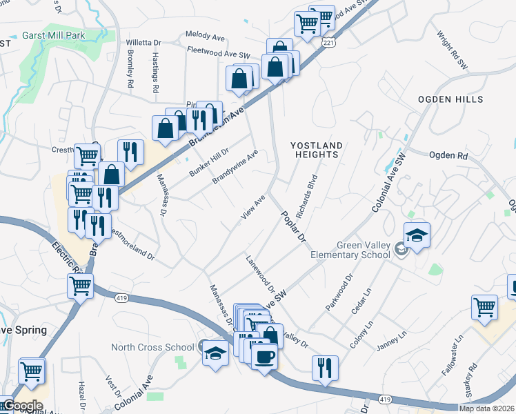 map of restaurants, bars, coffee shops, grocery stores, and more near 3639 Iredell Avenue in Cave Spring