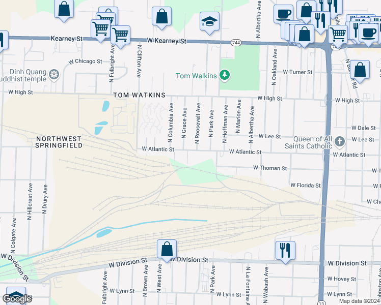 map of restaurants, bars, coffee shops, grocery stores, and more near 1936 North Rock Island Avenue in Springfield